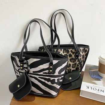 

Fashion Retro Women Shoulder Bag Zebra Leopard Animal Pattern Large Capacity Shopping Tote Bag PU Leather Casual Female Handbag