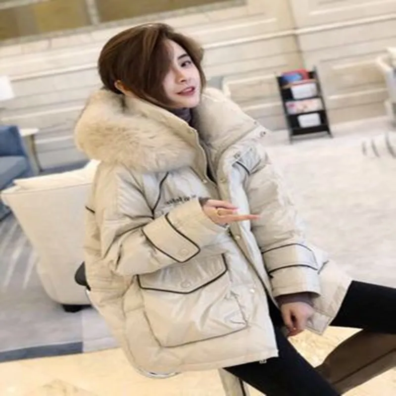

2020 new large fur collar bright face wash-free tooling down jacket women loose mid-length hooded large size jacket