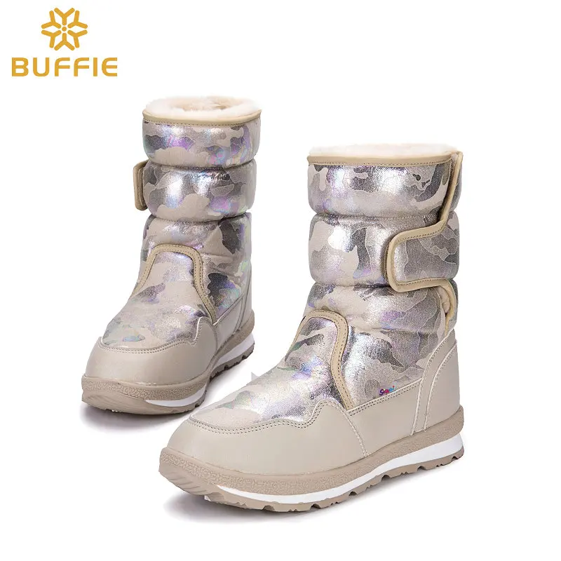 

Women's boots classic winter warm fur shoes sand beige boots mid calf style buckle easy waterproof upper thick plush insole good