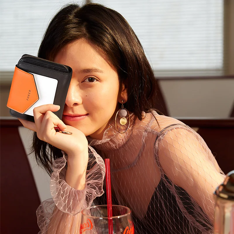 Kaufen Foxer Frauen Split Leder Short Brieftasche Weibliche Brieftasche Chic Mini Münze Tasche Luxus Geld Geldbörse Dame Karte Halter für Mädchen 230017F