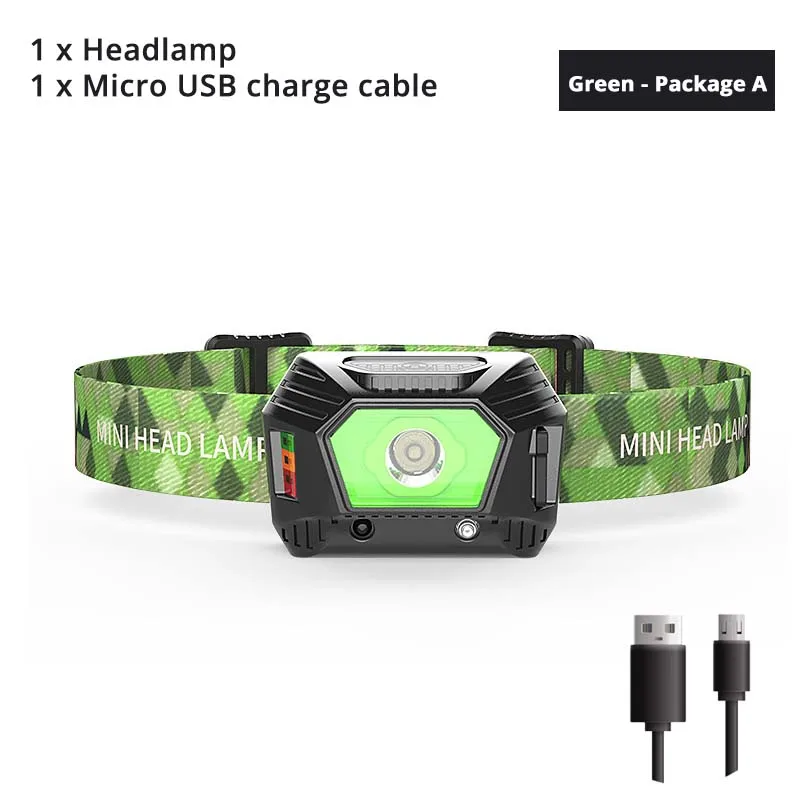 Green - Package A USB Перезаряжаемый светодиодный налобный фонарь с инфракрасным датчиком и дисплеем батареи, водонепроницаемый светодиодный фонарь для рыбалки - Испускаемый цвет: Green - Package A