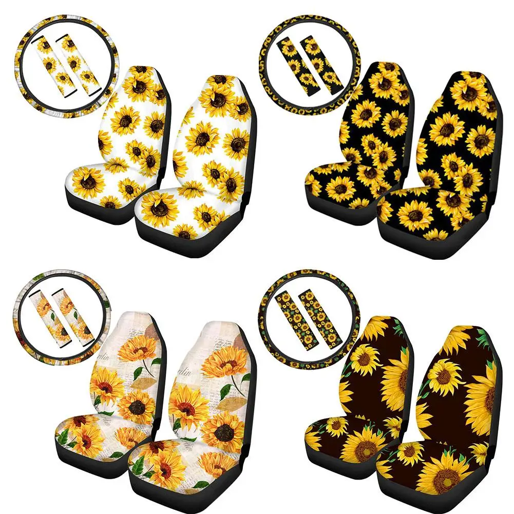

5PCS/SET Car Steering Wheel Cover with 2PCS Car Front Seat Covers 2PCS Sunflower Pattern Center Pad Covers Auto Accessories