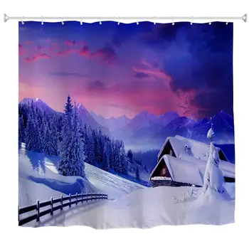 

Winter Decor Shower Curtain, Blue Winter Snowy Farmhouse Forest Mountains Nature Scenery Art Print Bathroom Curtain,Polyester