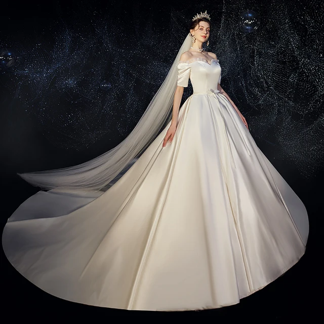 JKM030 Satin Wedding Dress 2021 New Bridal Starry Sky Off-shoulder Women's Simple And Thin Dream Trailing Wedding Banquet Gown 4