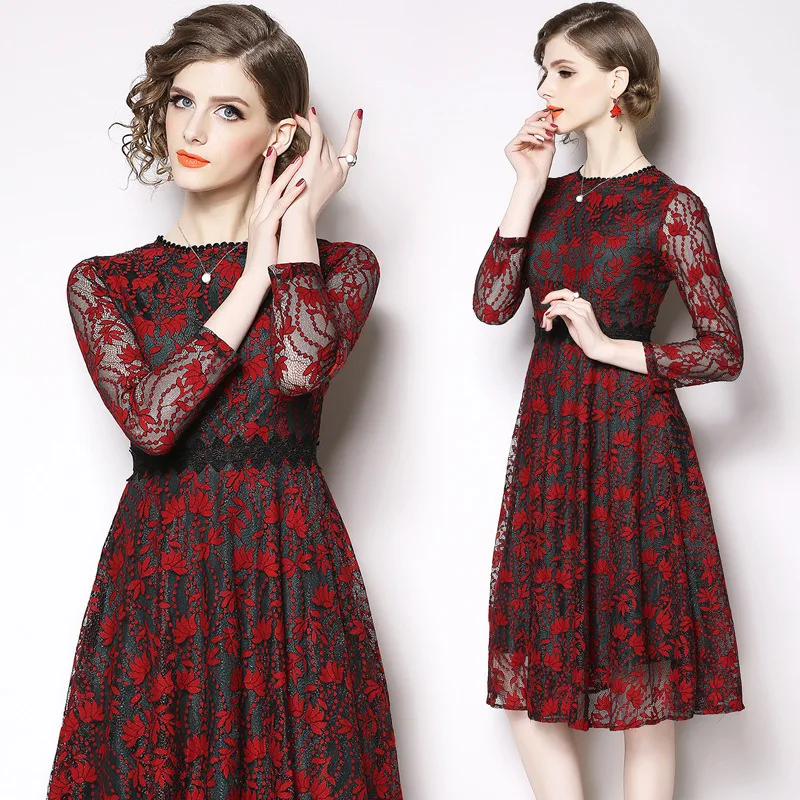 

Photo Shoot 2019 Spring New Style WOMEN'S Dress Elegant Debutante Lace Dress Retro Hollow out Medium-length Dress