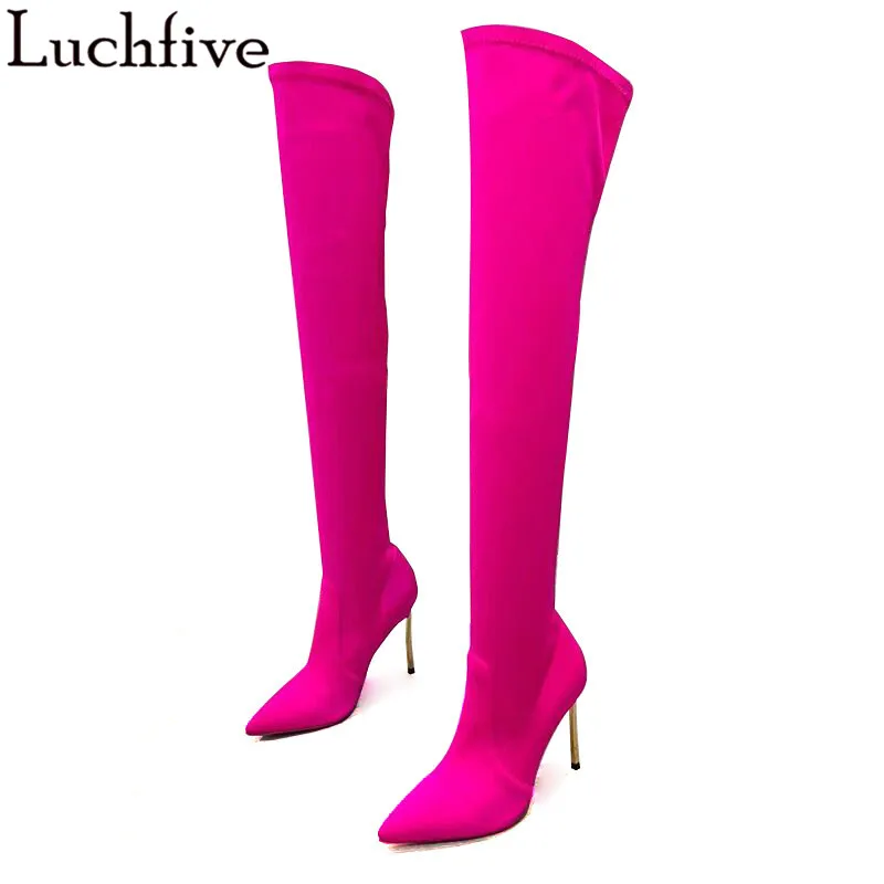 Luchfive Slim Lycra muslo botas altas 10,5 cm Stiletto oro tacón alto Sexy puntiagudos zapatos de fiesta para mujer|Botas sobre la rodilla| - AliExpress