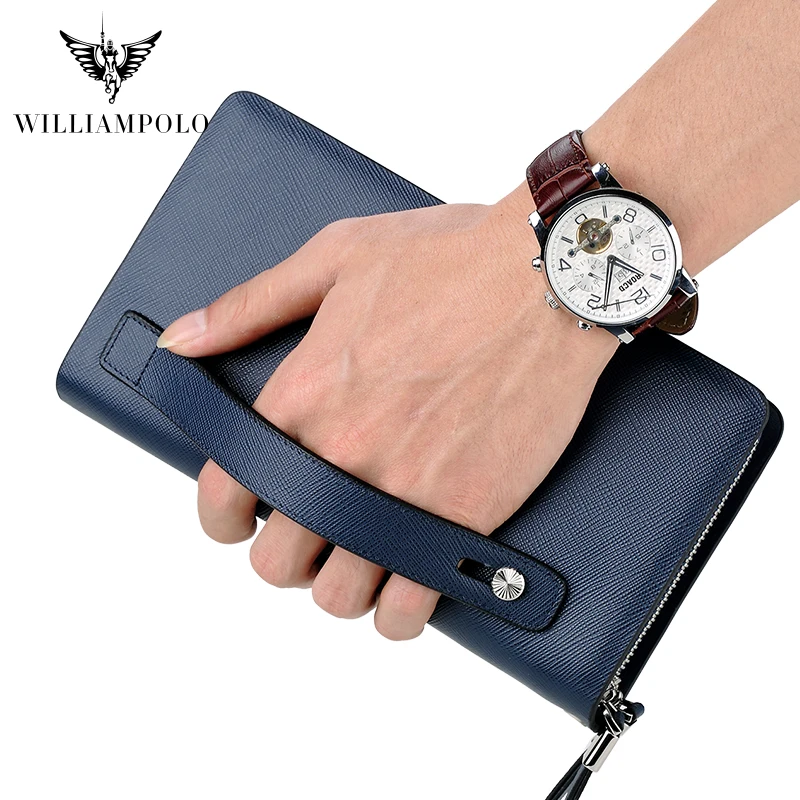 Business Genuine Leather Wallet Long Double Zipper Wrist Men Phone Wallet Purses Cowhide Luxury Brand High Capacity Clutch Bag 3