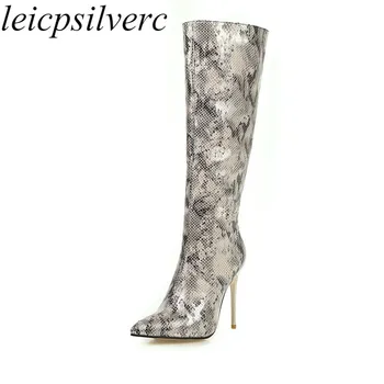 

Women Boots Autumn Winter Super High Heel Warm Pointed Toe Zip Knee High Cross-tied 2019 New Sexy Fashion Black Big Size34-48