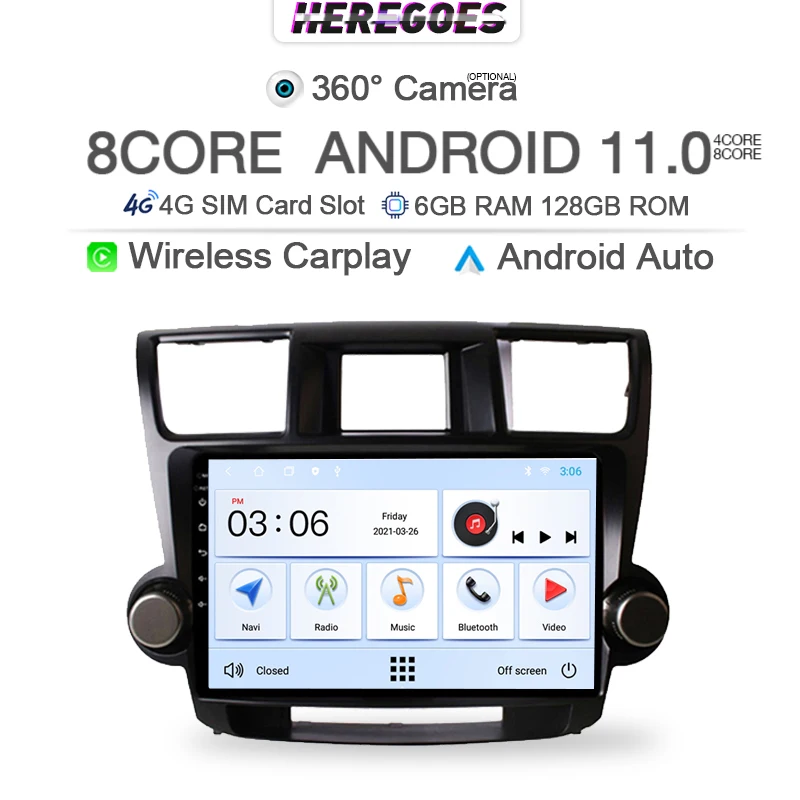 Автомобильный радиоприемник Carplay DSP Android 11 для Toyota Highlander 2 XU40 2007-2013 мультимедийный