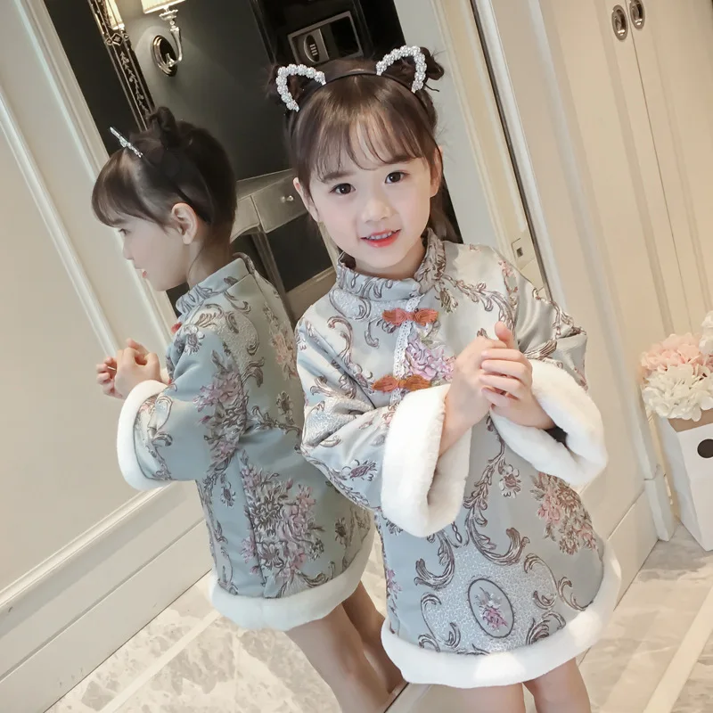 Детское платье Чонсам в китайском стиле с длинными рукавами для девочек; Новогоднее платье с цветочной вышивкой; теплое зимнее платье Ципао для девочек