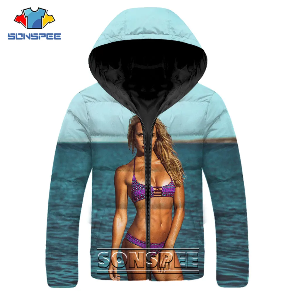 SONSPEE Casual Hip Hop Parkas 3D Print Sexy Cute Beach Bikini Girl Down Jacket Winter Fashion Keep Warm Streetwear Otaku Coat