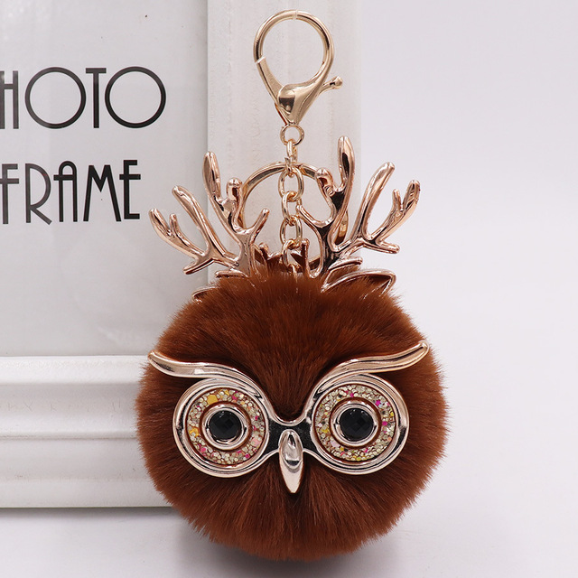 Cute Sequin Ears Owl Keychain Fluffy Artificial Rabbit Hairy Pom-pom Keychain Women's Shoulder Bag Owl Pendant Key Ring