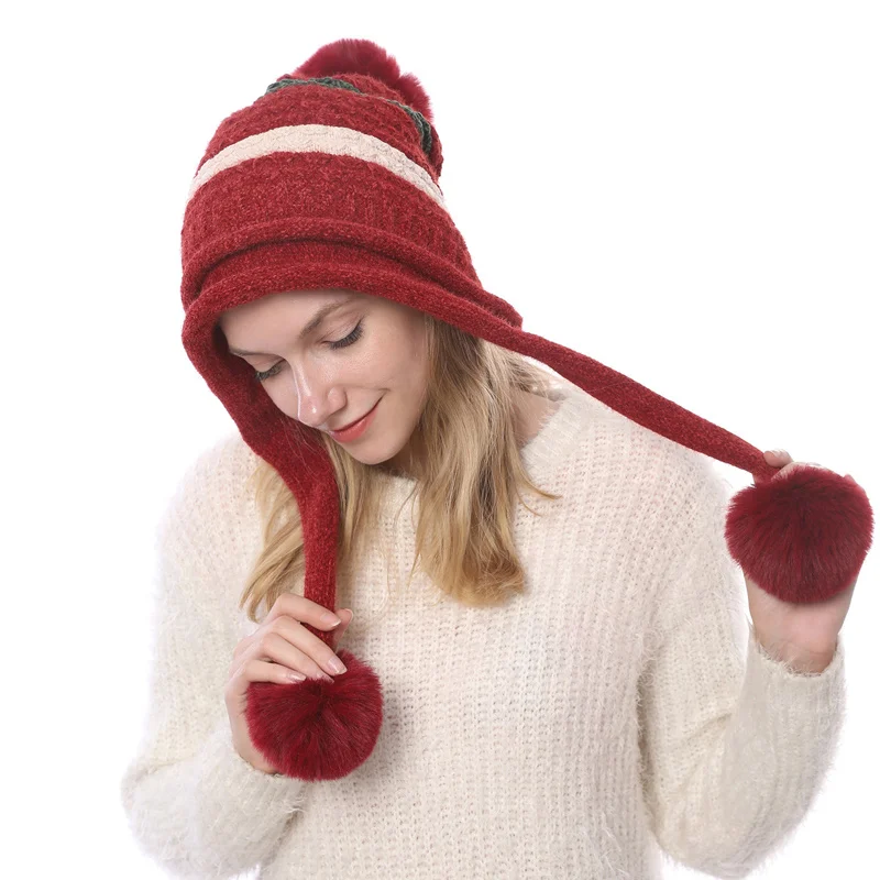 GOPLUS вязаная женская шапка в полоску с меховым помпоном, мягкая хлопковая шапка s Beanie, повседневная Милая Толстая теплая шапка, зимние шапки для женщин - Цвет: Красный