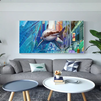 

Shark Swim in City Canvas Paintings Wall Art Prints Cuadros Decorative Pictures Canvas Art Sharks Posters For Home Wall Decor