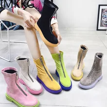 Модные ботильоны зимние замшевые женские ботинки рабочая обувь с круглым носком женская обувь ярких цветов на молнии