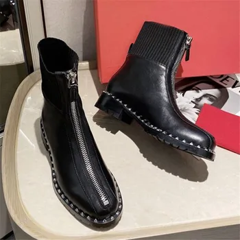 

Fashion Front Zipper Women Ankle Boots Genuine Leather Short Booties Low Heel Elastic Sock Boot Spring Autumn Botas Mujer
