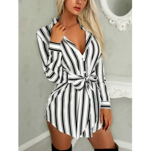 

Shirt Dress Womens Summer Long Sleeve Striped Casual Party Mini Sundress Straight V Neck Ladies Bowknot Belt Tops Vestidos