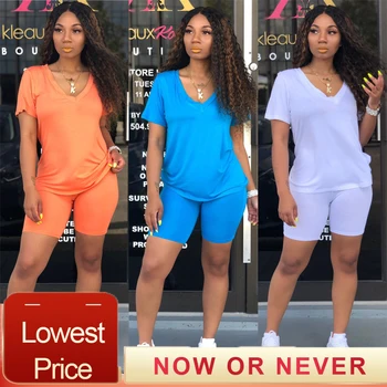

2020 new solid ropa deportiva mujer casual two piece set short sleeve tee top above knee pants suit tracksuit outfit set women