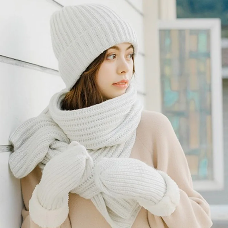 

Kitted Winter Hat for Women Scarf Gloves Set Thicken Beanies Hat For Girls Soft Scarves Solid Color Woman's Hats