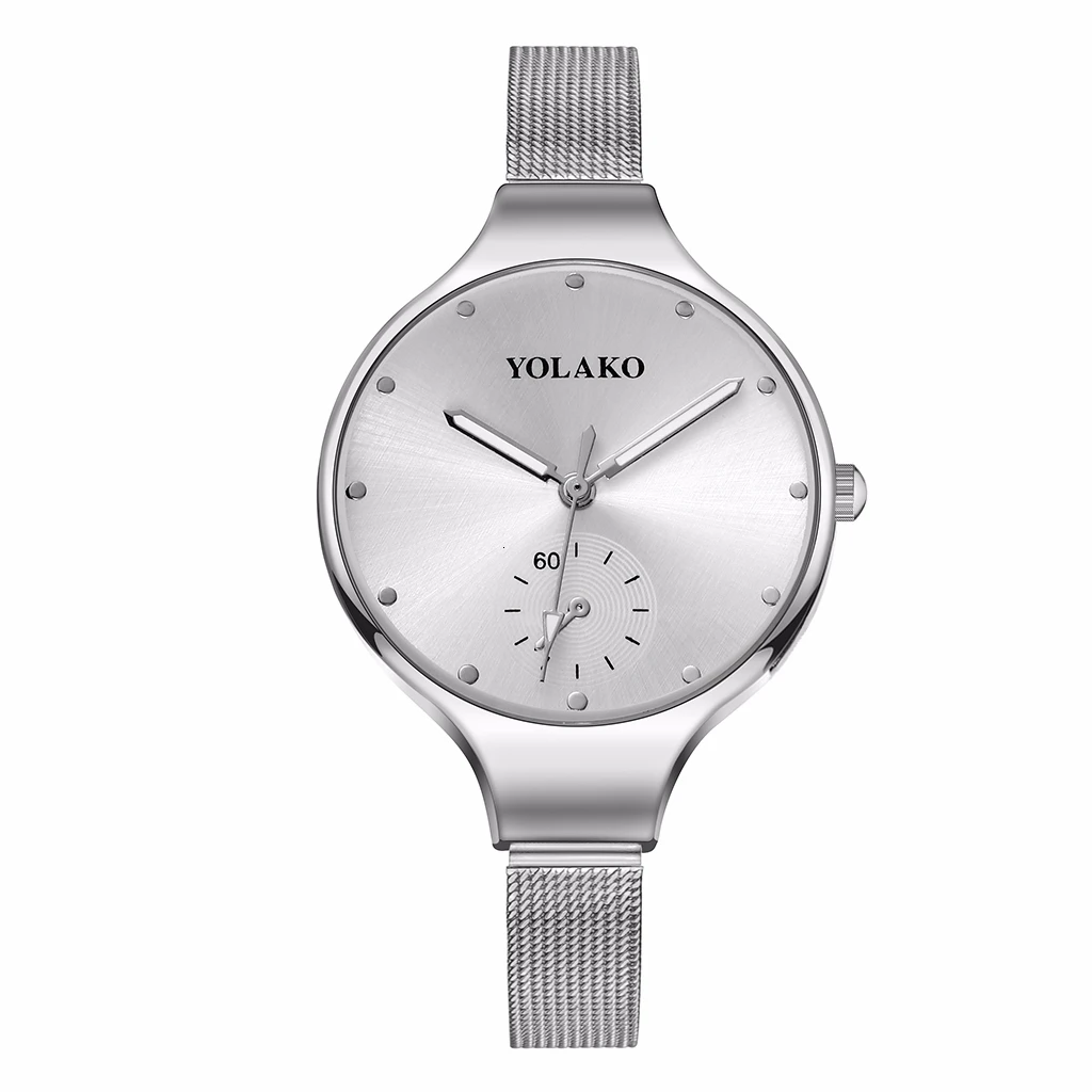 YOLAKO Брендовые женские Spuer тонкие наручные часы с ремешком-сеткой из нержавеющей стали женские роскошные высококачественные повседневные наручные часы подарок часы - Цвет: silver white
