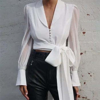 

New Elegant Mesh Patchwork blouse Women lapel Single row button lantern Sleeve lace-up waist shirt fashion workwear