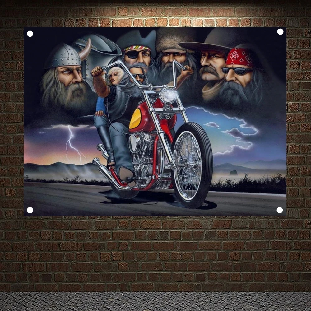 

Retro Motorcycle Riders Road Race Motor Car Banners Flag Wall Art American Poster Garage Canvas Painting Pub Bar Home Wall Decor