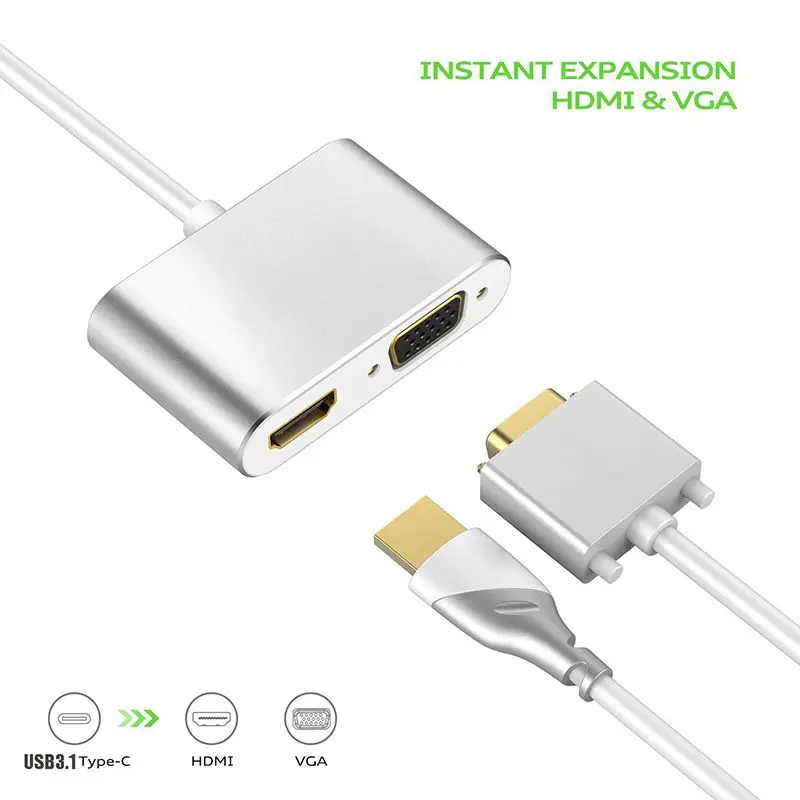 2020 горячий алюминиевый сплав USB3.1 два в одном совместимый тип c к HDMI VGA адаптер