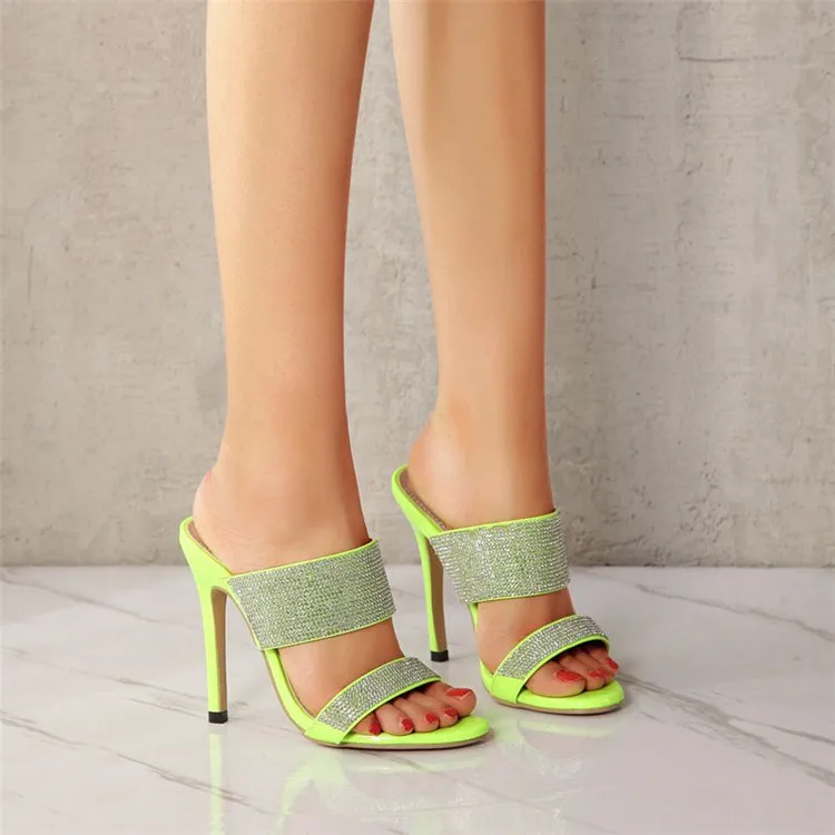 Eilyken Высокое качество Модный Дизайн Стразы пикантные флуоресцентный зеленый туфли без пяток на высоких каблуках, с открытым носком, Для женщин; комнатные тапочки; лето