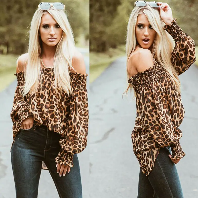 

Women Sexy Off Shoulder Long Sleeve Shirt Casual Leopard Strapless Loose Tops T-Shirt Plus Size