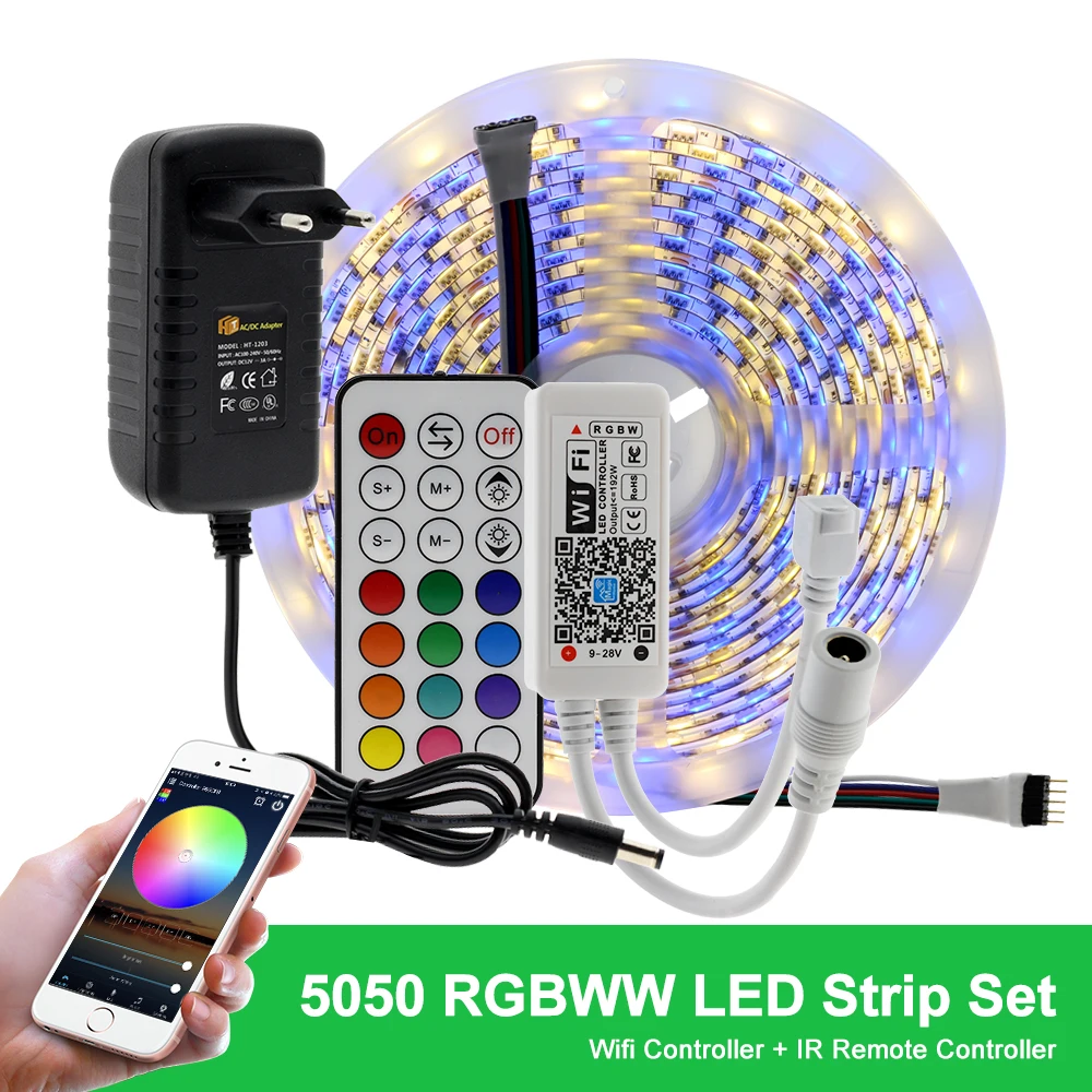 5 м wifi/Bluetooth RGB RGBW Светодиодная лента 5050 DC12V умная RGB лента Диодная неоновая лента+ wifi/Bluetooth контроллер+ адаптер - Испускаемый цвет: WIFI RGBWW