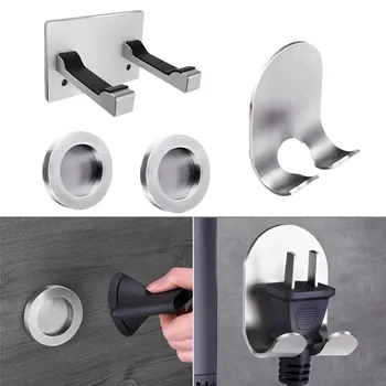 

Wall Mounted Hair Dryer Holder Bracket Ho Set Hair Dryer Rack Stand Stainless Steel Hair Dryer Plug Storage Organizer Bathroom