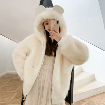 

Winter Clothing Oversize Jacket For Women 2020 White Faux Fox Fur Coat Zipper Hooded Plush Artificial Fur Coat Kawaii Clothes