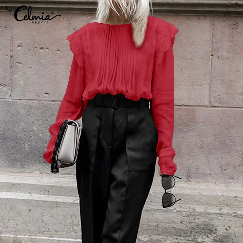 Women Embroidered Ruffles White Blouses Lace Shirts Celmia Transparent Elegant Long Sleeve Pleated Casual Loose Chiffon Tops 5XL