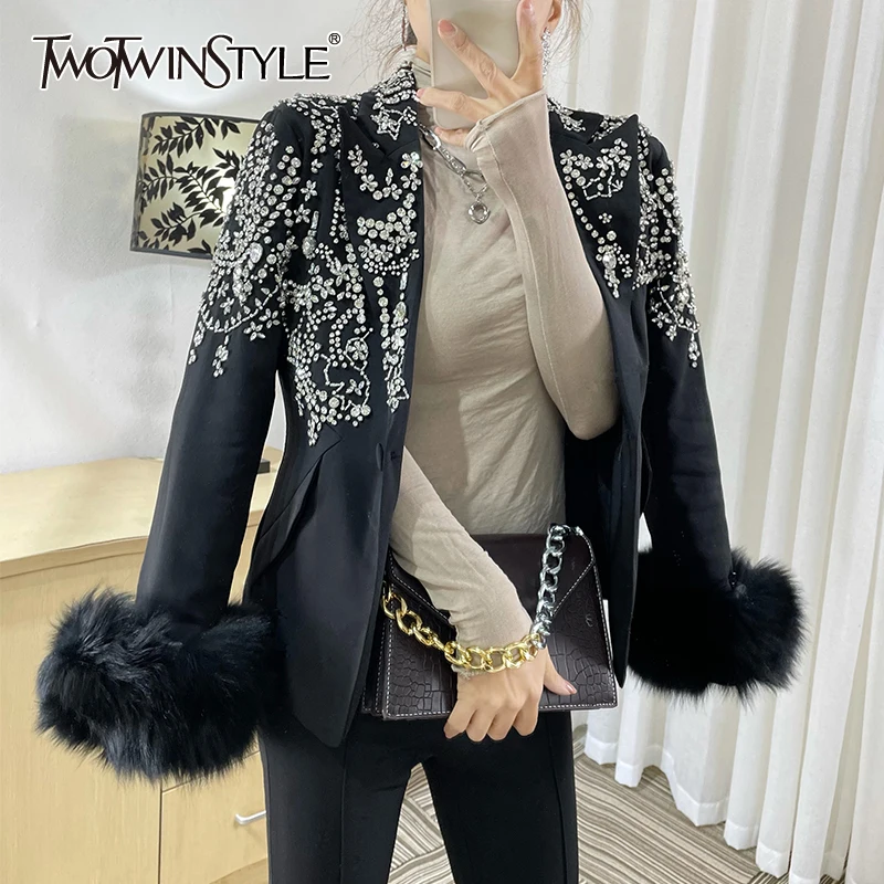 TWOTWINSTYLE Casual Patchwork Diamonds Women Dress Notched Long Sleeve High Waist Hit Color Blazer Suit Female Clothing 2020 New