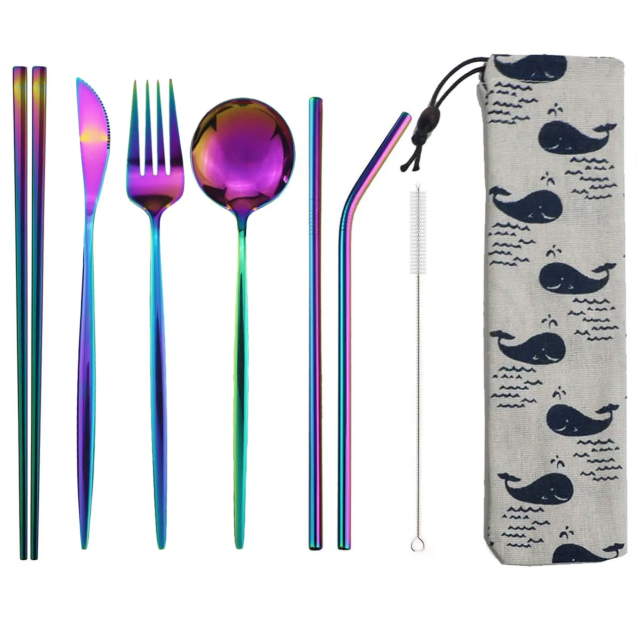Cutlery set western style cutlery set picnic cutlery set stainless steel cutlery set picnic tableware camping cutlery set 8pcs Dinneware Set Portable Travel Blue Cutlery Set Stainless Steel Knife Fork Spoon Chopsticks Straw Silverware with Pouch