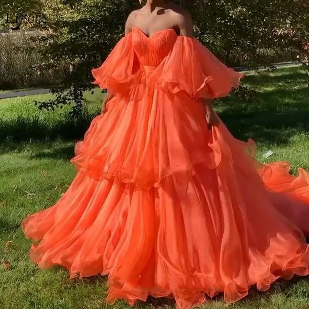 

Chic Fire Orange Tiered Tutu Prom Dresses 2021 Prom Gowns With Puff Full Sleeves Off The Shoulder Party Dress Vestido Formatura