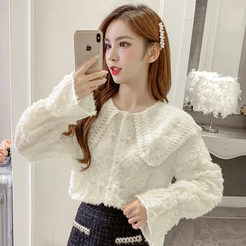 

COIGARSAM Chiffon Full Sleeve Shirt Womens tops New Spring Turn-down Collar Women shirts White Apricot 5090