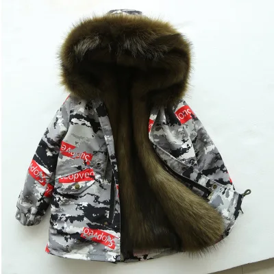 Camo Red Green Пальто с мехом для девочек; куртка с искусственным лисьим мехом; зимняя детская одежда; камуфляжная верхняя одежда для мальчиков и девочек; детское меховое пальто; TZ155 - Цвет: Camo Red Green