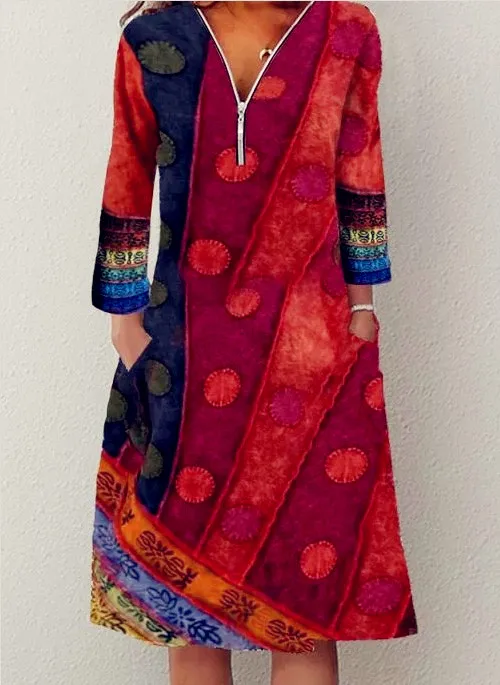 Женское винтажное платье в горошек свободное стиле бохо с принтом длинным