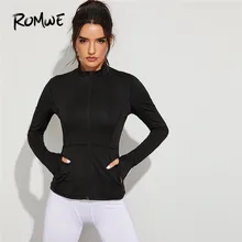 Romwe спортивные куртки на молнии с карманами сбоку для тренировок с отверстиями для большого пальца осень Женская куртка с воротником-стойкой с длинным рукавом черная куртка