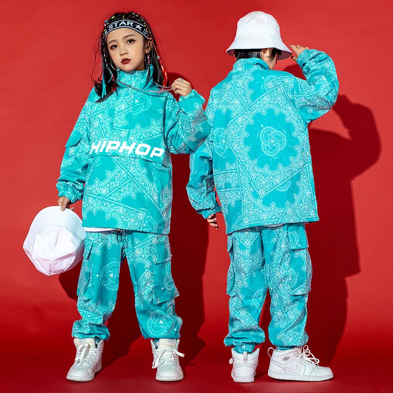 Boys Street Dance Costume Loose Blue Sweater Pants Tide Printing Hip-Hop Outfit Performance Girls Clothes Rave Wear BL7234