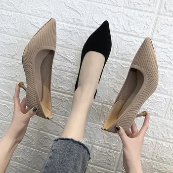 

Spring New High Heel Womens Wild Shallow Mouth Womens Shoes Pointed Stiletto Knitting Womens Shoes Tenis Feminino