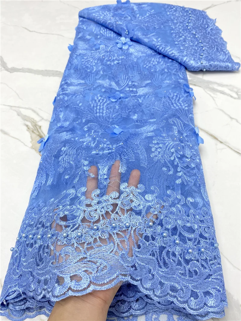 PGC African 3D Mesh Lace Fabric Embroidery African French Lace Fabric 2021 High Quality Lace With Beads Wedding Sewing YA4178B-1