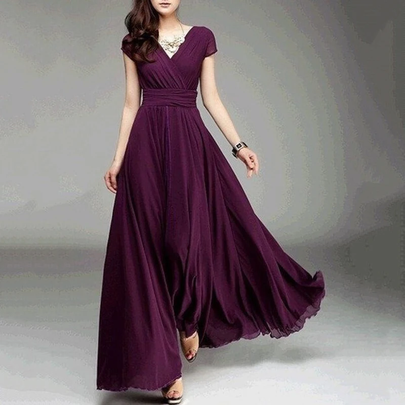 Women Fashion Bohemian Maxi Long Dress Evening Party Solid Dress V-neck Sleeveless