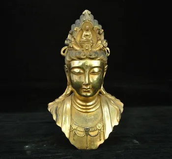 

wedding decoration 8"Old China Bronze 24k gold Gilt Kwan-Yin GuanYin Bodhisattva bust Buddha statue
