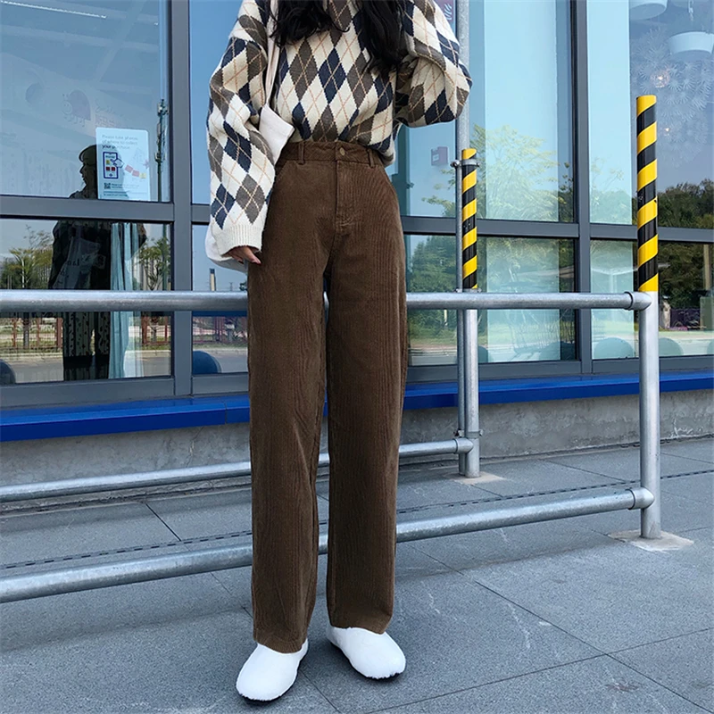 BGTEEVER Vintage High Waist Straight Pants Women Casual Winter Corduroy Pants Female Wide Leg Trousers Women pantalon femme