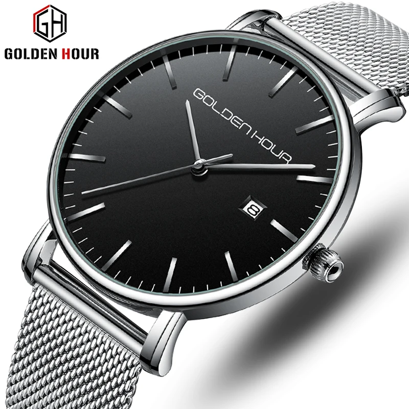 Reloj Hombre GOLDENHOUR Stylish Simplicity MenWatch Mesh Steel Strap Male Clock Waterproof Man Wrist Watches Relogio Masculino | Наручные