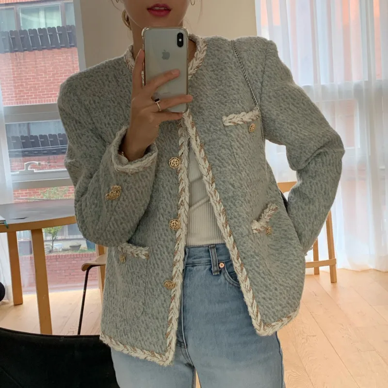 Woolen Jacket Coat Outwear Autumn Korean Fashion Ladies Brand Elegant Single-Breasted