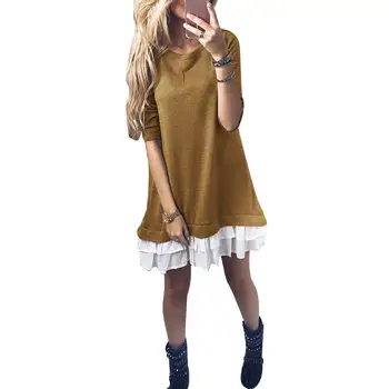 

Summer Women Loose Solid Color Long Sleeve Sweatshirt Ruffle Mini Dress Long Sleeve Sweatshirt Ruffle Mini Dress