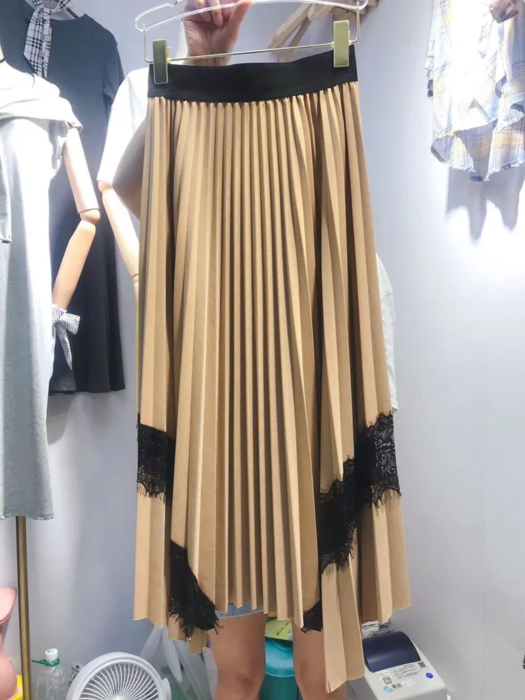 khaki Korobov/Корейская женская юбка модного цвета, в стиле пэчворк Harajuku кружевные плиссированные юбки в винтажном стиле, нерегулярные осенние зимние Faldas 78881 - Цвет: khaki